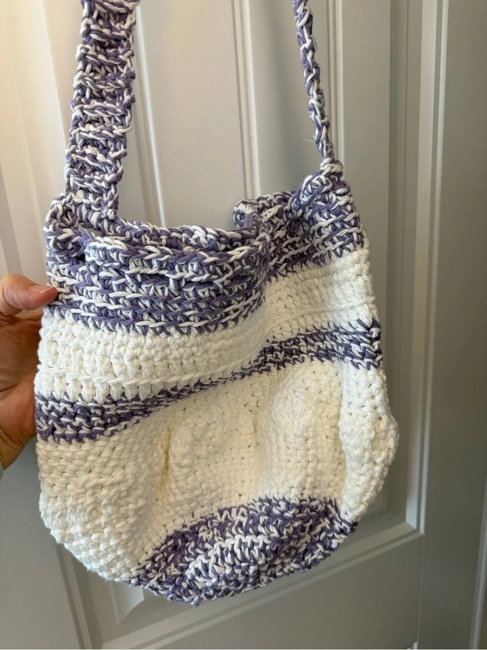 Hand Crafted White and Lavender Crocheted Shoulder Bag